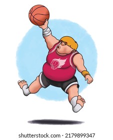 Hand drawn vector illustration, a big man doing a basketball lay up without boots