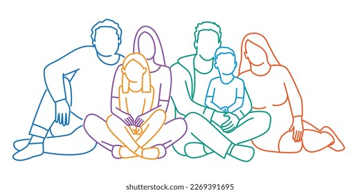 Hand drawn vector illustration of big family. Grandma, grandpa, mom, dad, children.