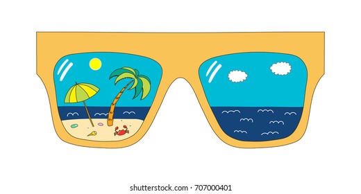 Hand drawn vector illustration of big framed glasses with beach scene reflected inside the lenses. Isolated objects on white background. Design concept for change of seasons.