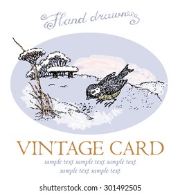 Hand drawn vector illustration with a bird on snow. Vintage card