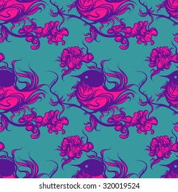 Hand drawn vector illustration with bird. Vector line art. Seamless pattern.