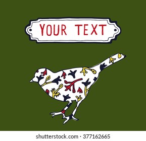 hand drawn vector illustration with bird and frame for text. can be used as cover for sketchbook or postcard