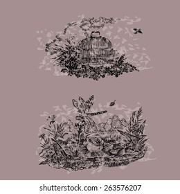 Hand drawn vector illustration, with a bird's cage, the flying bird, flowers and clouds. Vector set on a spotty background.