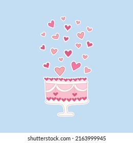 Hand drawn vector illustration of birthday cake with lovely heart on soft blue background
