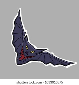 Hand drawn vector illustration. Black evil bat. Sticker. Cartoon patch badges.