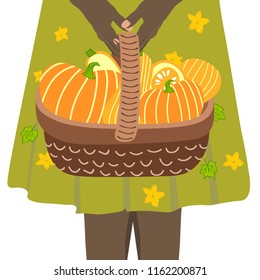 Hand drawn vector illustration of a black girl in dress,holding wicker basket full of pumpkins.Flat style design. Banner of autumn season.Concept harvest. Perfect for packaging design of healthy food.