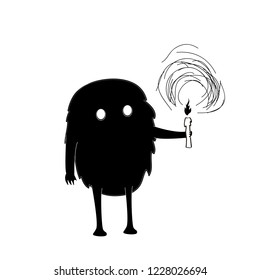 Hand drawn vector illustration with black cute monster with candle