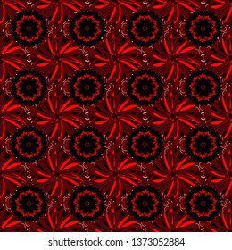 Hand drawn vector illustration in black, red and brown colors. Exotic seamless pattern in retro style. Abstract print with stylized random elements and flowers.