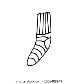 Hand drawn vector illustration in black ink on white background. A cute striped knitted sock in doodle style. Isolated outline.