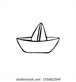 Hand drawn vector illustration in black ink on white background. A cute paper boat in doodle style. Isolated outline.