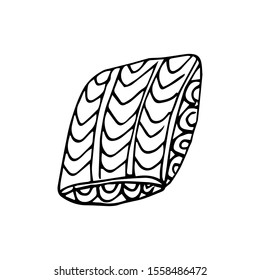 Hand drawn vector illustration in black ink on white background. A cute pillow with pattern in doodle style. Isolated outline.