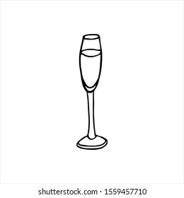 Hand drawn vector illustration in black ink on white background. A glass of champagne in doodle style. Isolated outline.