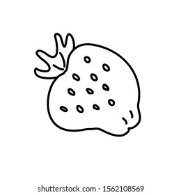 Hand drawn vector illustration in black ink on white background. A cute strawberry  in doodle style. Isolated outline.