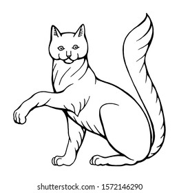  Hand drawn vector illustration of black and white sitting with paw raised cat isolated on white. For your heraldic and another design.