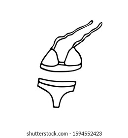 Hand drawn vector illustration in black ink on white background. A two-piece swimsuit in doodle style. Isolated outline.