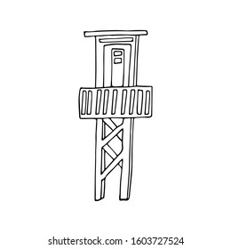Hand drawn vector illustration in black ink on white background. lifeguard tower in doodle style. Isolated outline.