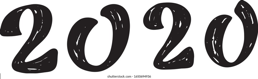 Hand drawn vector illustration with black lettering on white background, text logo 2020 - for greeting card, t-shirt, invitation, label, package, notebook, badge, poster, cover, bag, template. EPS 10