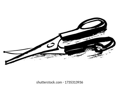 Ilustración vectorial dibujada a mano en tinta negra sobre fondo blanco. Tijeras en forma de boceto de doodle. Esquema aislado.