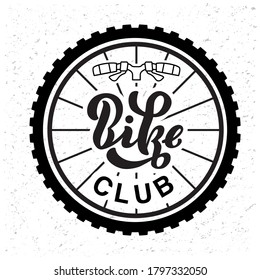 Hand drawn vector illustration with black lettering on wheel background. Bike club for bicycle share, service, rent, logo, club, advertising, information poster, website, messages, banner, template