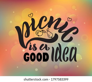 Ilustración vectorial dibujada a mano con letras negras en fondo blanco Picnic es una buena idea para fiesta, invitación, celebración, publicidad, mensajes de información, afiche, sitio web, banner, plantilla