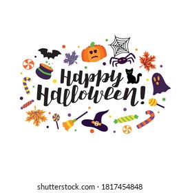 Hand drawn vector illustration with black lettering on white background Happy Halloween for banner, event, invitation, celebration, advertising, poster, print, sticker, label, template, home decor