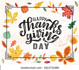 Dibujo manual de la ilustración de la frase "Feliz Día de Acción de Gracias" para banner, tarjeta de saludo o invitación