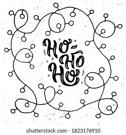 Hand drawn vector illustration with black lettering on textured background Ho-ho-ho for winter season greetings, invitation, celebration, advertising, poster, card, banner, print, label, template