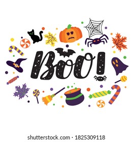 Hand drawn vector illustration with black lettering on decorated background Boo for Halloween banner, event, invitation, celebration, advertising, poster, sticker, print, label, template, home decor