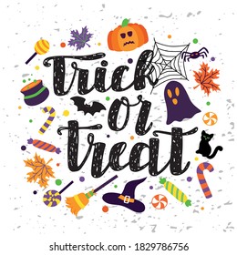 Hand drawn vector illustration with black lettering on textured background Trick or Treat for Halloween banner, event, invitation, celebration, advertising, poster, print, label, template, concept