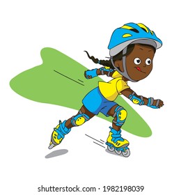 Ilustración vectorial dibujada a mano. Niña negra en el patinaje rápido.