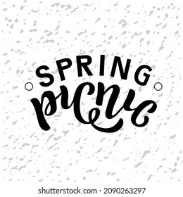 Hand drawn vector illustration with black lettering on textured background Spring Picnic for party, invitation, celebration, advertising, information messages, poster, flyer, website, banner, template