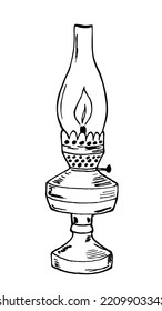 Hand drawn vector illustration with black outline. Old kerosene lamp. Vintage lantern.