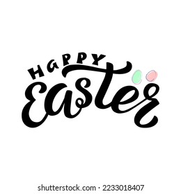 Hand drawn vector illustration with black lettering on textured background Happy Easter for greeting card, invitation, celebration, advertising, poster, card, banner, print, label, decor, template