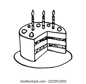 Hand drawn vector illustration with black outline. Beautiful birthday cake with cream, burning candles isolated on white background. Homemade baking, cooking, sweets, dessert.