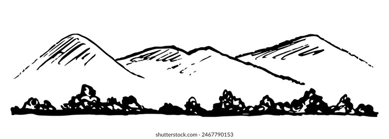 Handgezeichnete Vektorillustration mit schwarzem Grungy-Umriss. Berge, Panoramablick, Büsche und Bäume. Natur und Landschaft.
