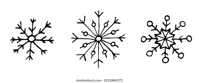 Ilustración vectorial dibujada a mano con contorno negro. Conjunto de copos de nieve. Navidades festivas, decoración de Año Nuevo. Boceto en tinta.