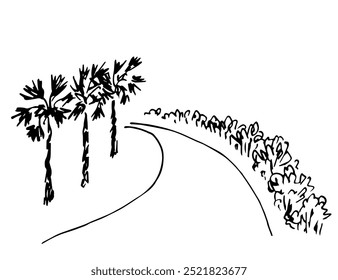 Hand drawn vector illustration with black outline. A turn in the road, palm trees and bushes on the side of the road. Trip, journey. Sketch in ink.