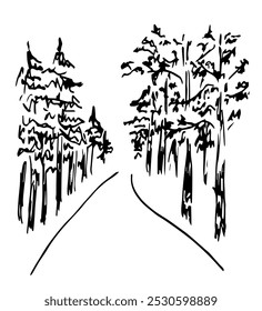 Ilustración vectorial dibujada a mano con contorno negro. Carretera forestal, pinos. Naturaleza y paisaje. Boceto en tinta.