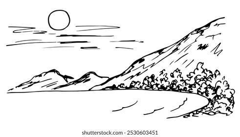 Hand drawn vector illustration with black outline. Sea coast, beach, mountains, trees. Bay, lagoon. Sunset sky, sun in the clouds. Nature and landscape. Sketch in ink.