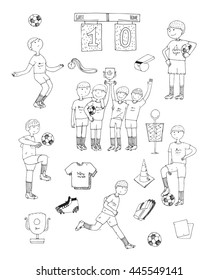 Hand drawn vector illustration with black and white soccer players, isolated on white background. Football stuff, happy winning team, training boys, accessories, football uniform, football boots, ball