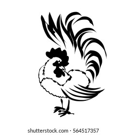 Hand drawn vector illustration. Black-and-white silhouette of the cock.