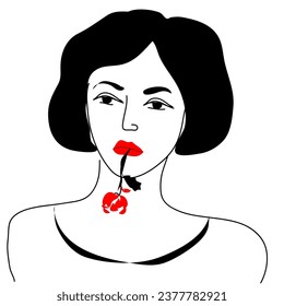 Ilustración vectorial dibujada a mano de una mujer de cabello negro con labios rojos y una rosa en la boca