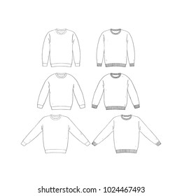 Hand drawn vector illustration of blank t-shirt long sleeve set on white background.White Tee Shirt template. Knit jumper mock up. Spring and winter sweaters. O neck knitted pullover.