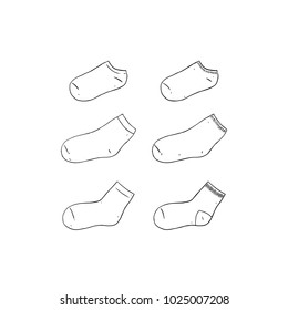 Hand drawn vector illustration of blank sock on white background. White sock template. long and short sock mock up.
