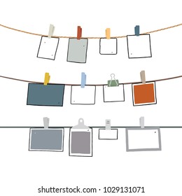 Hand drawn vector illustration of blank note paper hanging on a rope. Sheet of paper and clothes peg on washing line. 