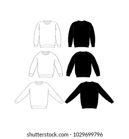 Hand drawn vector illustration of blank t-shirt long sleeve set on white background. White and black Knit jumper sweater shirt template. Mock up.Pullover.