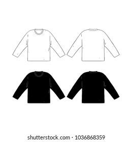 Hand drawn vector illustration of blank long sleeve t-shirts template.Front and back shirt sides. White and black shirt on white background.