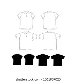 Hand drawn vector illustration of blank men and women short sleeve polo shirt design template.Front and back shirt sides. White and black. 