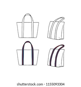 Hand drawn vector illustration of blank white with stripe straps tote bag on white background. Template fabric bag.canvas shopping bags.mock up.