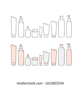 Hand drawn vector illustration of blank template skin care set.Plastic cosmetic jar product.